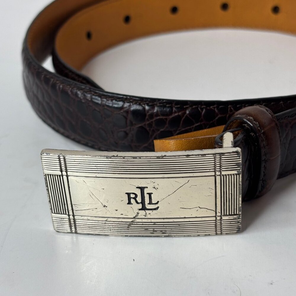 Ralph Lauren Brown Leather Belt Size S Textured Silver-tone Buckle RL Initials - Picture 7 of 13